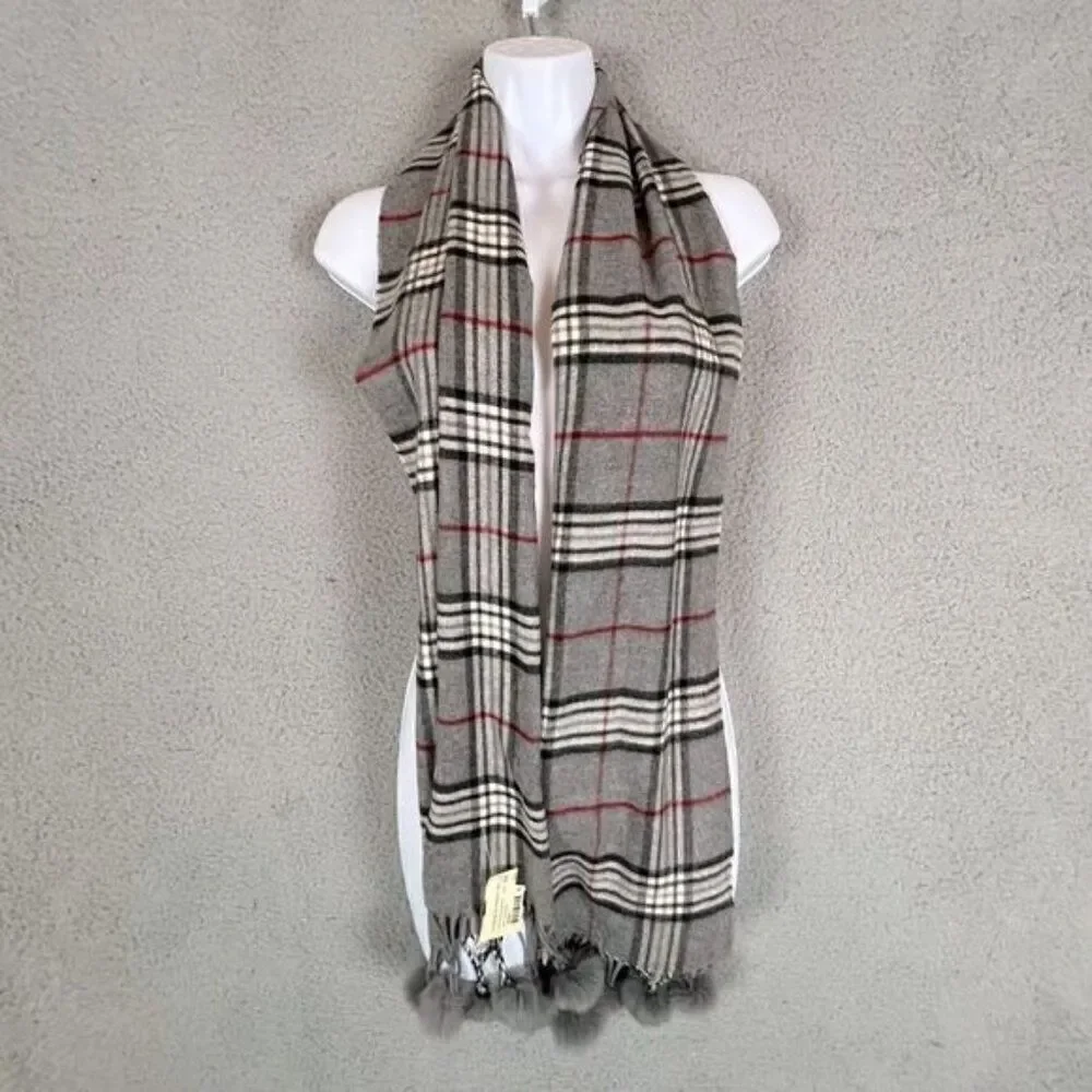 WOMENS SCARF GRAY WITH STRIPES RABBIT FUR BALL TASSELS